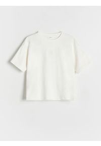 Reserved - Bawełniany T-shirt z haftem - złamana biel. Materiał: bawełna. Wzór: haft