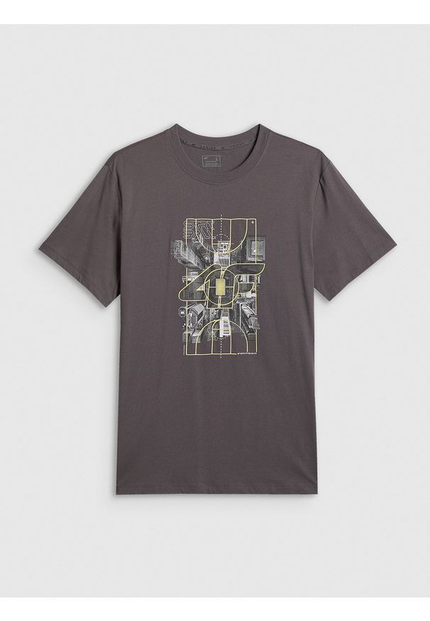 4f - 4F T-shirt regular z nadrukiem męski - szary L. Okazja: na co dzień. Kolor: szary. Materiał: dzianina, bawełna, materiał. Wzór: nadruk. Styl: klasyczny, casual