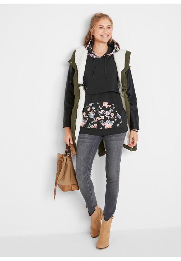 bonprix - Miękka bluza 2 w 1, ciążowa i do karmienia piersią. Typ kołnierza: kaptur. Kolekcja: moda ciążowa. Kolor: czarny. Materiał: dresówka, dzianina. Długość rękawa: długi rękaw. Długość: długie. Wzór: prążki