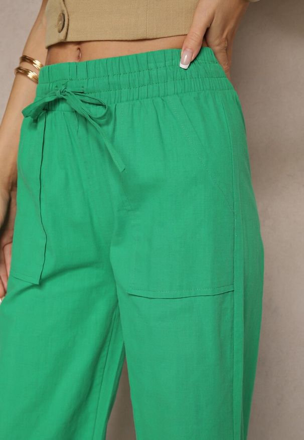 Renee - Zielone Bawełniane Spodnie z Kokardą Davilena. Okazja: na co dzień. Stan: podwyższony. Kolor: zielony. Materiał: bawełna. Styl: casual, elegancki