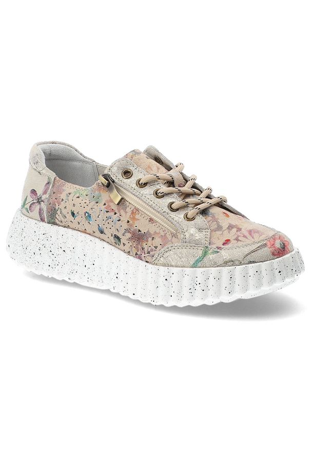 Sneakersy damskie Vinceza, cholewka ze skóry naturalnej z kolorowym, kwiatowym wzorem klasyczne sznurowanie dodatkowe zapięcie na zamek z boku, złote. Zapięcie: sznurówki. Kolor: złoty. Materiał: skóra. Szerokość cholewki: normalna. Wzór: kolorowy, kwiaty