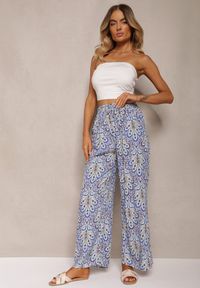 Renee - Niebieskie Boho Spodnie z Wiskozy High Waist z Szerokimi Nogawkami i Gumką w Pasie Walnena. Stan: podwyższony. Kolor: niebieski. Materiał: wiskoza. Styl: boho #1