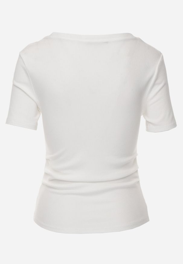 Born2be - Biały Prążkowany T-shirt Ozdobiony po Bokach Marszczeniem Nedisa. Okazja: na co dzień. Kolor: biały. Materiał: prążkowany. Wzór: aplikacja. Styl: casual