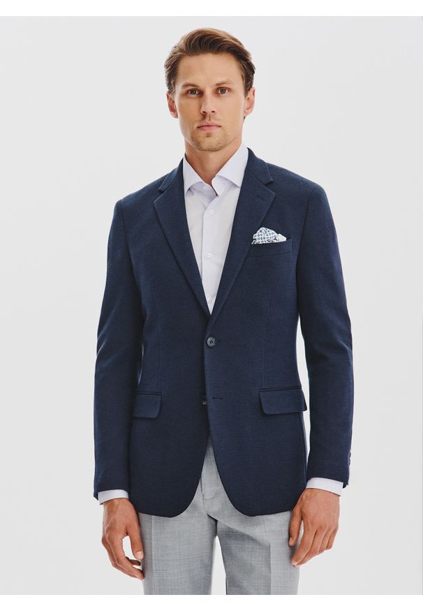Pako Lorente - PAKO LORENTE – Granatowa żakardowa marynarka męska. Kolor: niebieski. Materiał: żakard