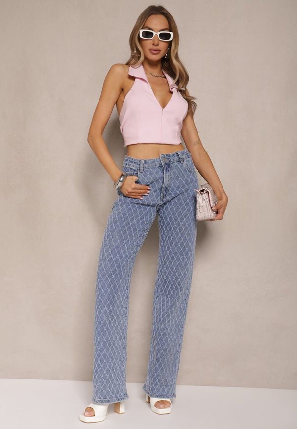 Renee - Niebieskie Jeansy z Bawełny High Waist o Szerokim Kroju w Romby Tuvielle. Okazja: na co dzień. Stan: podwyższony. Kolor: niebieski. Styl: casual