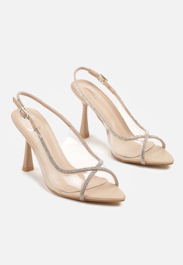 Renee - Beżowe Transparentne Sandały Slingback z Cyrkoniami na Klepsydrze Lilloti. Okazja: na co dzień, na randkę, na spotkanie biznesowe. Kolor: beżowy. Obcas: na obcasie. Styl: elegancki, biznesowy, wizytowy, casual. Wysokość obcasa: średni