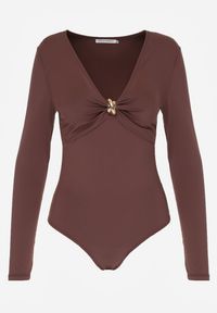Renee - Brązowe Body z Marszczeniem i Metaliczną Ozdobą Feriana. Okazja: na co dzień. Kolor: brązowy. Materiał: jeans. Wzór: aplikacja. Styl: casual #5