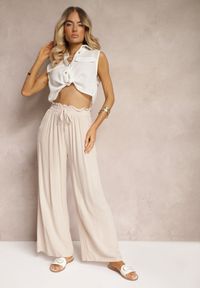 Renee - Jasnobeżowe Spodnie z Bawełny Typu Palazzo High Waist z Gumką w Talii Nelsaria. Okazja: na co dzień. Stan: podwyższony. Kolor: beżowy. Materiał: bawełna. Styl: casual, elegancki, wizytowy