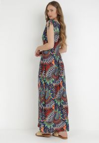 Born2be - Granatowo-Pomarańczowa Sukienka Euphiche. Kolor: niebieski. Wzór: kolorowy, aplikacja. Typ sukienki: kopertowe. Styl: boho. Długość: maxi