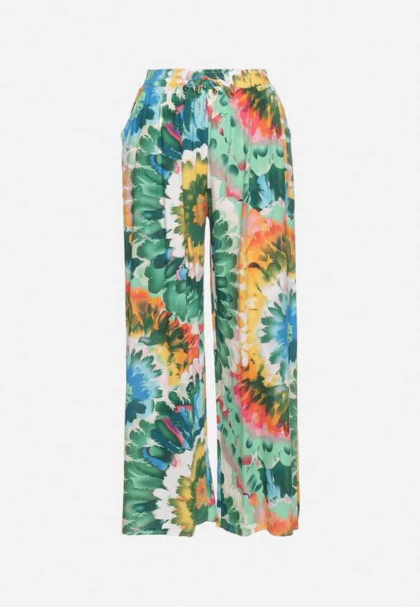 Born2be - Zielono-Niebieskie Szerokie Spodnie z Wiskozą i Wysokim Stanem ze Wzorem Tie-Dye i Gumką w Pasie Halflea. Stan: podwyższony. Kolor: zielony. Materiał: wiskoza. Sezon: lato
