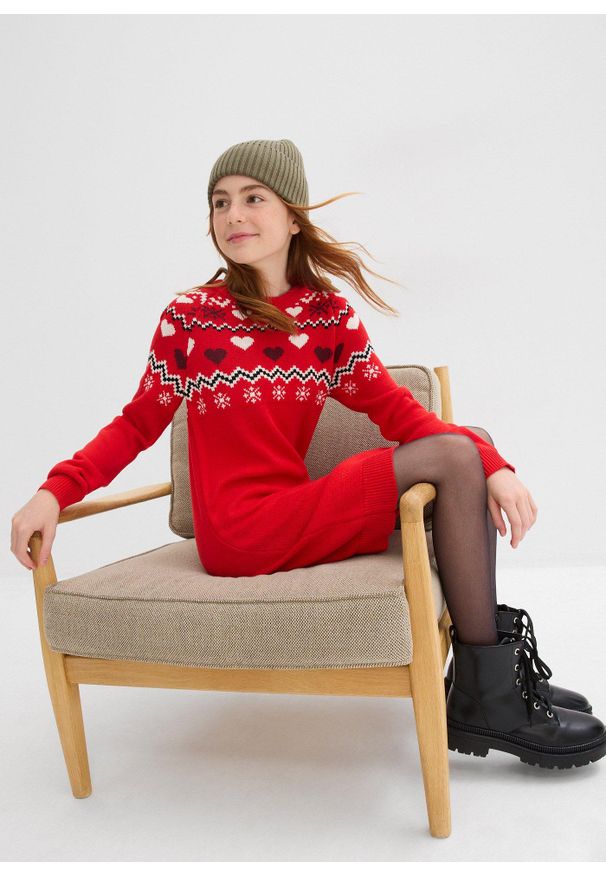 bonprix - Sukienka dzianinowa. Kolor: czerwony. Materiał: dzianina