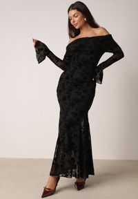Born2be - Czarna Koktajlowa Sukienka VICES z Odkrytymi Ramionami i Welurowym Wzorem Drensyss. Kolor: czarny. Materiał: welur. Typ sukienki: z odkrytymi ramionami. Styl: wizytowy #4