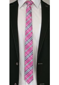 Alties - Różówy Stylowy Krawat (Śledź) Męski -ALTIES- 5 cm, Wąski, w Szkocką Kratę. Kolor: różowy. Materiał: tkanina. Styl: elegancki #2