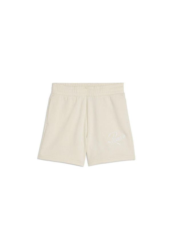 Puma Szorty Damskie Ess Script z wysokim stanem, S. Stan: podwyższony. Kolor: biały. Materiał: prążkowany. Długość: krótkie