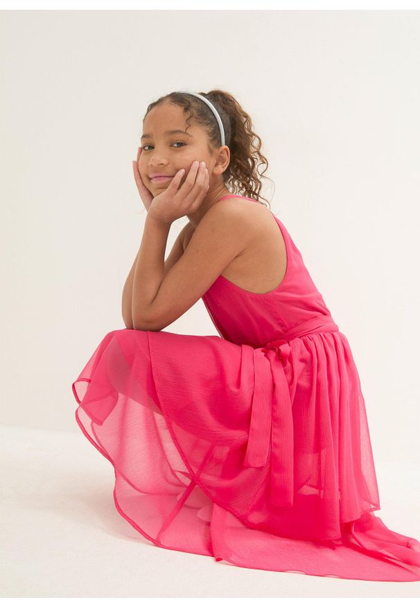 bonprix - Sukienka midi. Typ kołnierza: kołnierz z falbankami. Kolor: różowy. Długość rękawa: bez rękawów. Sezon: lato. Długość: midi