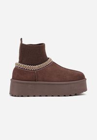 Born2be - Brązowe Śniegowce VICES na Grubej Podeszwie z Haftem i Skarpetkową Cholewką Enantia. Okazja: na co dzień. Kolor: brązowy. Materiał: jeans. Szerokość cholewki: normalna. Wzór: haft. Styl: casual, elegancki #6