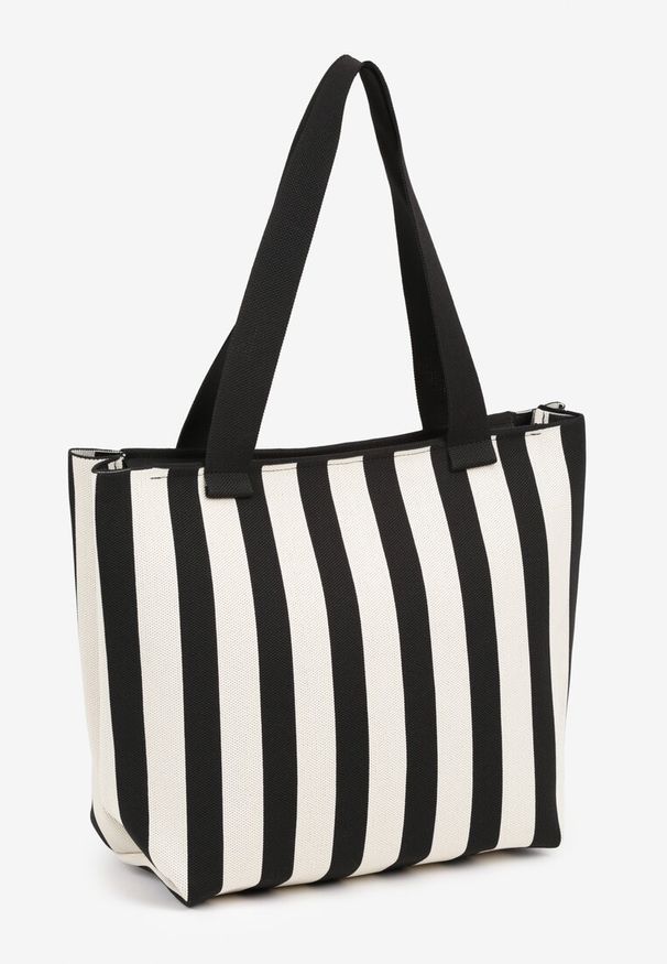 Born2be - Czarna Torebka w Paski Shopper na Suwak Salisea. Kolor: czarny. Wzór: paski. Styl: klasyczny, elegancki, casual