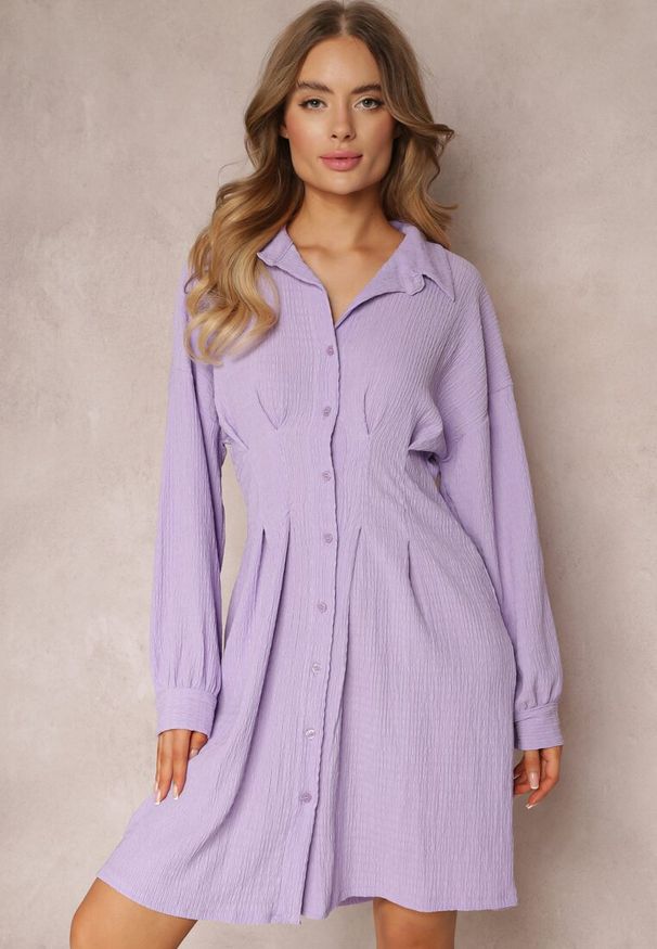 Renee - Fioletowa Koszulowa Sukienka Mini z Taliowanymi Zakładkami Vilette. Kolor: fioletowy. Typ sukienki: koszulowe. Długość: mini