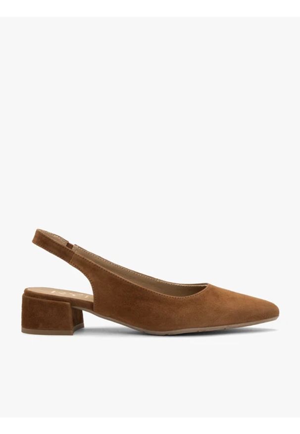 Ryłko - Brązowe czółenka slingback bez pięty. Kolor: brązowy. Materiał: welur, skóra. Obcas: na obcasie. Styl: street. Wysokość obcasa: średni