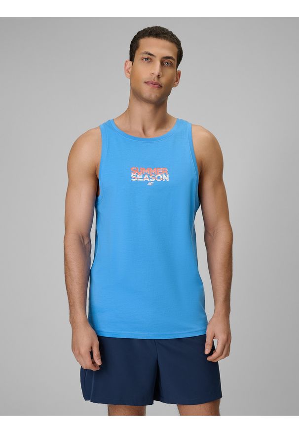 4f - 4F Koszulka bez rękawów regular z nadrukiem męska - niebieska M. Kolor: niebieski. Materiał: dzianina, bawełna. Długość rękawa: bez rękawów. Wzór: nadruk. Sezon: lato