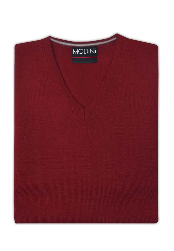 Modini - Bordowy sweter męski w szpic/serek SW77. Kolor: czerwony. Materiał: akryl, wełna, materiał