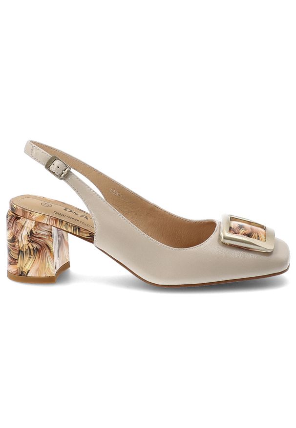 Czółenka damskie S.Barski, ze skóry naturalnej odkryta pięta pasek z regulacją ozdobna klamra stabilny obcas elegancki styl, beżowe, LZ61-2018. Zapięcie: klamry. Kolor: beżowy. Materiał: skóra. Szerokość cholewki: normalna. Wzór: aplikacja. Obcas: na obcasie. Styl: elegancki. Wysokość obcasa: średni