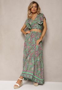 Renee - Zielony Wiskozowy Komplet 2-Częściowy w Print Paisley Długa Spódnica i Kopertowy Top Aeodosia. Kolor: zielony. Materiał: wiskoza. Wzór: paisley, nadruk