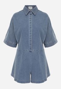 Born2be - Niebieski Krótki Kombinezon Jeansowy z Kołnierzykiem w Stylu Retro Aelixera. Okazja: na co dzień. Kolor: niebieski. Materiał: jeans. Długość: krótkie. Styl: retro #5