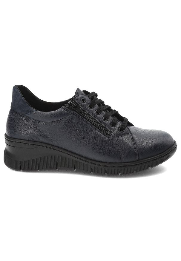 Granatowe Półbuty Wasak Wygodne Buty Damskie. Zapięcie: sznurówki. Kolor: niebieski. Materiał: skóra, materiał. Wzór: grochy. Styl: elegancki