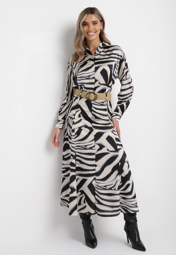 Born2be - Czarno-Beżowa Rozkloszowana Spódnica Maxi w Tygrysie Paski z Paskiem w Komplecie Castella. Kolor: czarny. Długość: długie. Wzór: paski