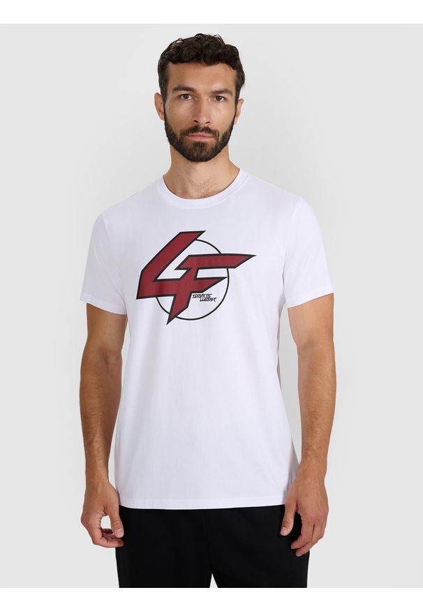 4f - 4F T-shirt regular z nadrukiem męski - biały M. Kolor: biały. Materiał: włókno, skóra, materiał, bawełna. Wzór: nadruk. Styl: klasyczny