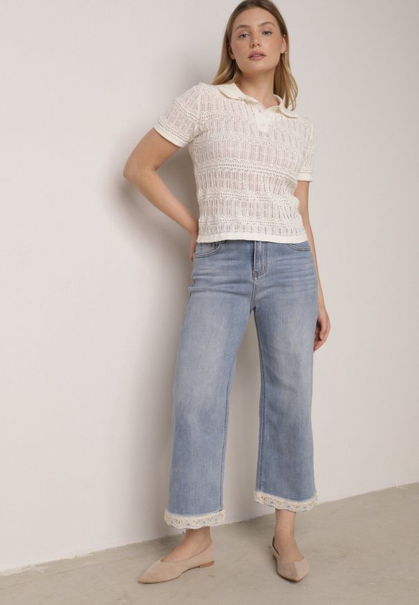 Born2be - Niebieskie Szerokie Jeansy Ozdobione na Dole Koronką Salioneth. Okazja: na co dzień. Stan: podwyższony. Kolor: niebieski. Wzór: aplikacja, koronka. Styl: casual, elegancki, klasyczny