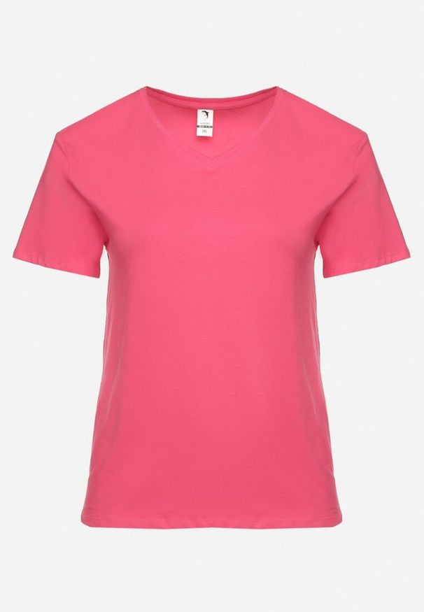 Born2be - Różowy Bawełniany T-shirt z Trójkątnym Dekoltem Nusalia. Okazja: na spacer. Kolor: różowy. Materiał: bawełna. Sezon: lato, wiosna