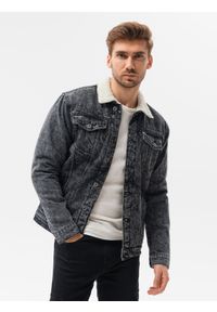 Ombre Clothing - Kurtka męska jeansowa typu sherpa C523 - czarna - XXL. Kolor: czarny. Materiał: jeans. Styl: klasyczny