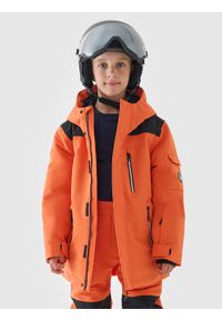 4f - 4F Kurtka snowboardowa membrana 8000 chłopięca - pomarańczowa 140 (9-10 lat). Okazja: na co dzień. Typ kołnierza: kaptur. Kolor: pomarańczowy. Materiał: dzianina, poliester, materiał, tkanina. Sezon: lato, zima. Styl: sportowy, klasyczny, casual