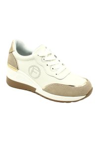 Sportowe buty damskie wiązane Filippo DP4660/23 WH BE białe. Okazja: na co dzień. Kolor: biały. Materiał: skóra. Obcas: na obcasie. Wysokość obcasa: średni #5