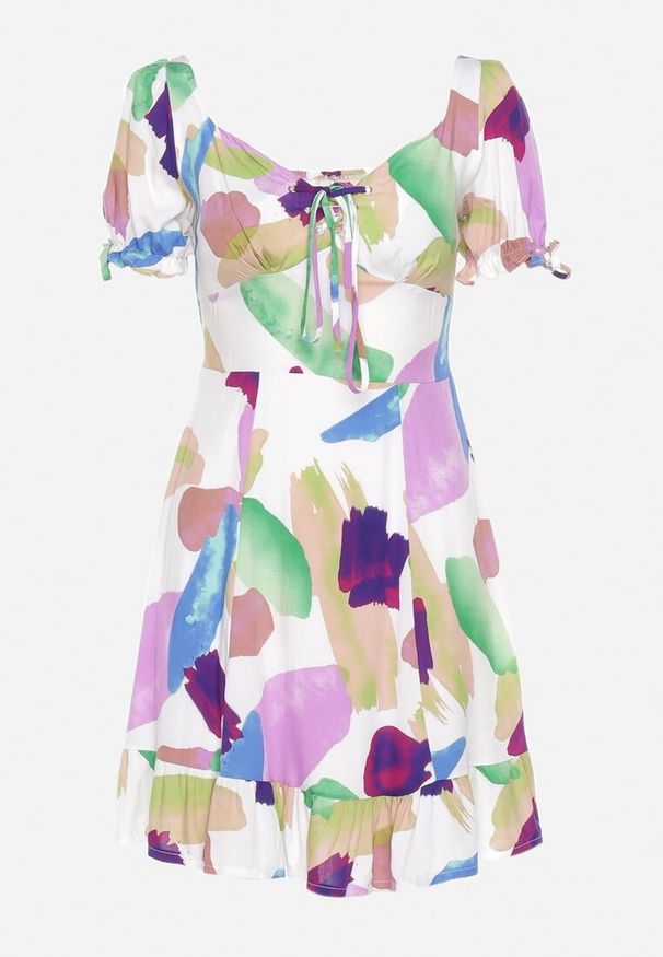 Born2be - Biało-Fioletowa Wiskozowa Sukienka z Krótkim Rękawem i Sznurowanym Dekoltem typu Serce Telldora. Okazja: na spacer. Kolor: biały. Materiał: wiskoza. Długość rękawa: krótki rękaw. Styl: elegancki