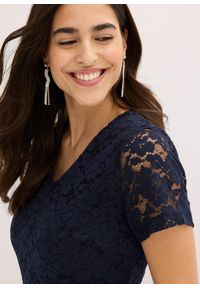 bonprix - Sukienka mini z koronką i paskiem. Kolor: niebieski. Materiał: koronka. Wzór: koronka. Styl: elegancki. Długość: mini #3