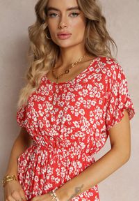 Renee - Czerwona Wiskozowa Mini Sukienka w Kwiatowy Print z Gumką w Pasie Frolia. Kolor: czerwony. Materiał: wiskoza. Wzór: kwiaty, nadruk. Długość: mini #5