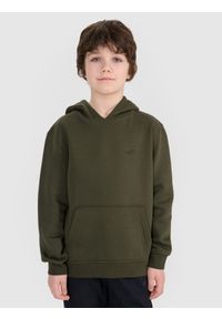 4f - 4F Bluza dresowa nierozpinana z kapturem chłopięca - khaki 152 (11-12 lat). Okazja: na co dzień. Typ kołnierza: kaptur. Kolor: oliwkowy, brązowy, wielokolorowy. Materiał: dresówka. Wzór: gładki, ze splotem. Sezon: lato. Styl: sportowy, casual