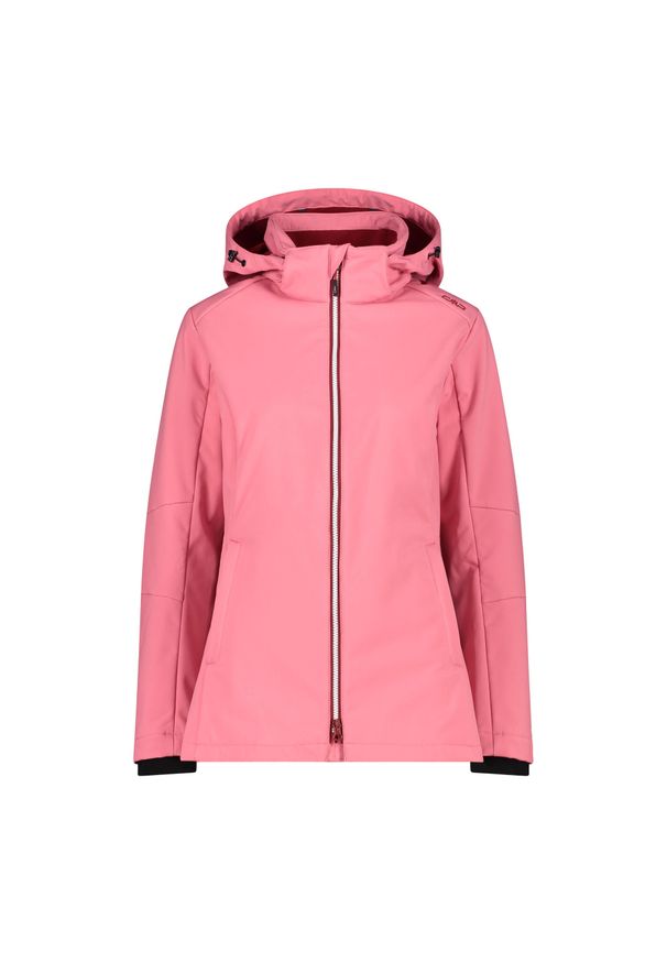 Kurtka turystyczna damska z kapturem i zamkiem CMP. Typ kołnierza: kaptur. Kolor: beżowy, wielokolorowy, różowy. Materiał: softshell. Sport: turystyka piesza