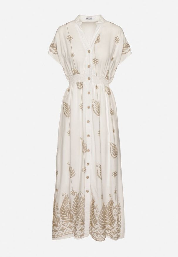 Born2be - Biała Koszulowa Sukienka z Bawełną Ozdobiona Metaliczną Nicią Tirlio. Okazja: na spacer, na co dzień. Kolor: biały. Materiał: bawełna. Wzór: aplikacja. Typ sukienki: koszulowe. Styl: elegancki, casual, klasyczny