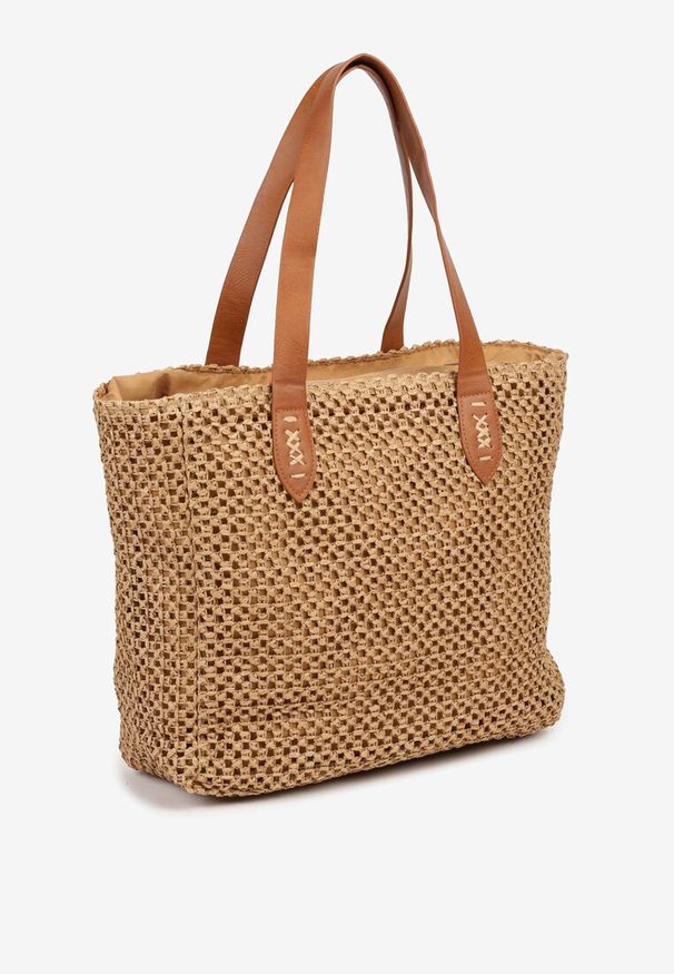 Renee - Ciemnobeżowa Pleciona Torebka Shopper Ozdobiona Napisem Navinta. Kolor: beżowy. Wzór: aplikacja, napisy. Styl: casual