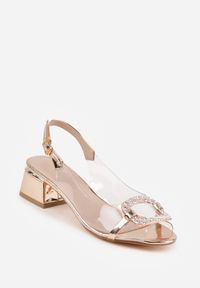 Renee - Szampańskie Eleganckie Sandały VICES z Transparentną Cholewką i Klamrą z Cyrkoniami Qinieth. Zapięcie: klamry. Kolor: złoty. Materiał: satyna. Obcas: na obcasie. Styl: elegancki. Wysokość obcasa: średni #3