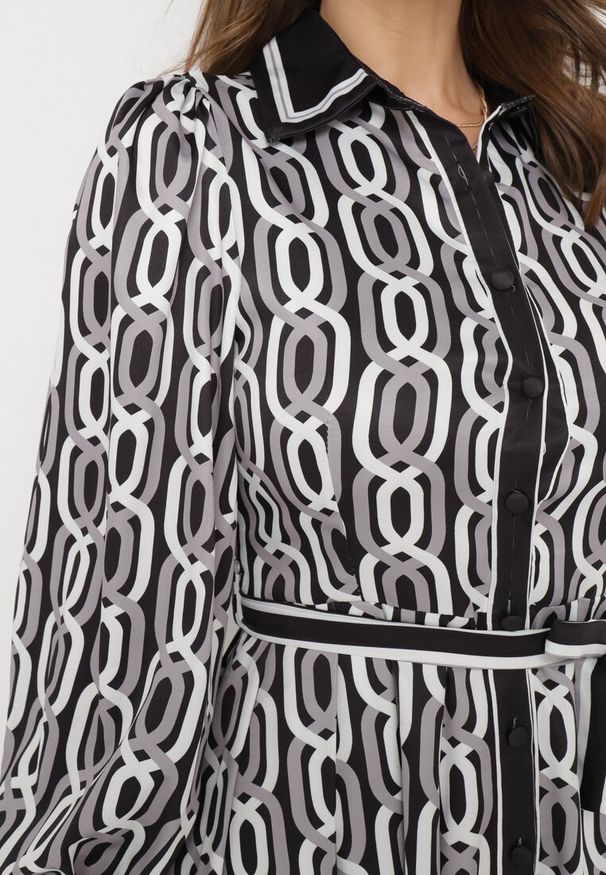 Born2be - Czarno-Biała Mini Koszulowa Sukienka o Rozkloszowanym Fasonie z Paskiem Amburia. Kolor: czarny. Materiał: materiał. Typ sukienki: koszulowe. Długość: mini