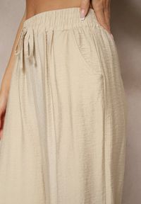 Renee - Beżowe Szerokie Spodnie High Waist z Wiskozy z Gumką w Talii Lannalie. Okazja: na co dzień. Stan: podwyższony. Kolor: beżowy. Materiał: wiskoza. Styl: casual, elegancki