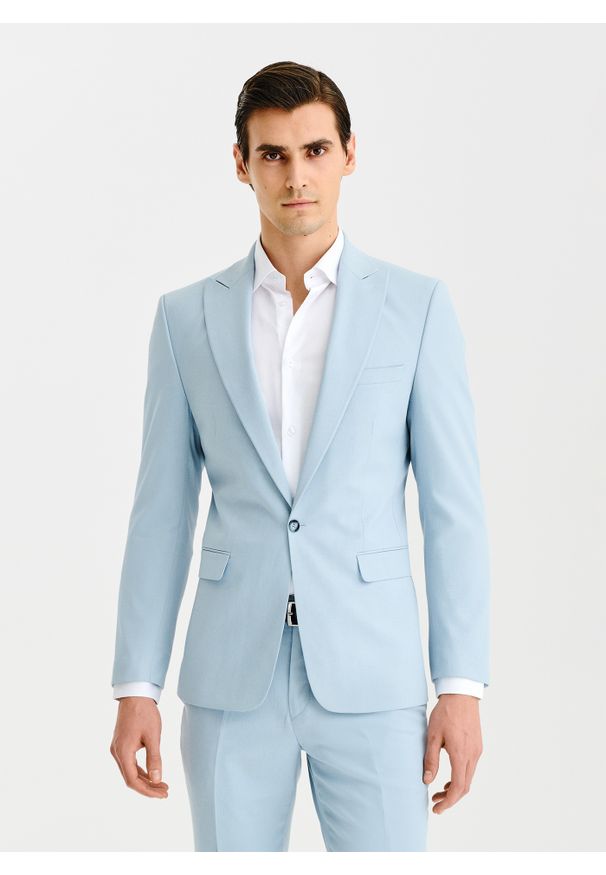 Pako Lorente - PAKO LORENTE - Błękitna marynarka garniturowa. Kolor: niebieski. Materiał: bawełna, elastan, wiskoza. Wzór: gładki