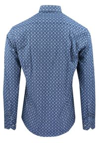 Męska Koszula, Taliowana (Slim Fit) - Rigon - Ciemnoniebieska, Wzór. Okazja: do pracy, na spotkanie biznesowe. Kolor: niebieski. Materiał: bawełna, poliester, elastan. Długość rękawa: długi rękaw. Długość: długie. Styl: wizytowy, elegancki, biznesowy #2