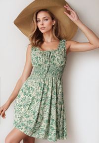 Born2be - Zielona Bawełniana Sukienka na Ramiączkach z Gumką w Pasie Azorea. Okazja: na spacer. Kolor: zielony. Materiał: bawełna. Długość rękawa: na ramiączkach. Sezon: lato. Styl: elegancki #2