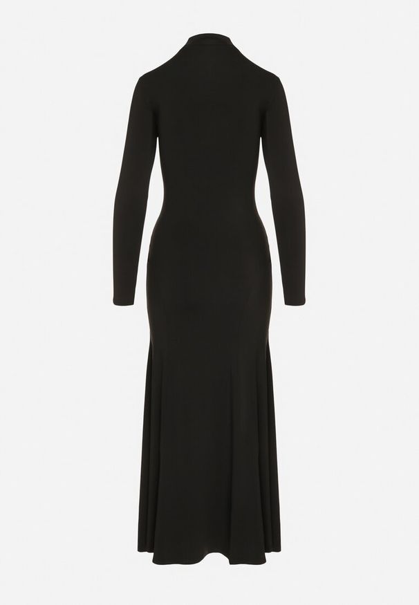 Born2be - Czarna Taliowana Sukienka Koktajlowa z Wiskozą i Półgolfem Zozelira. Okazja: na co dzień. Kolor: czarny. Materiał: wiskoza. Typ sukienki: proste. Styl: wizytowy